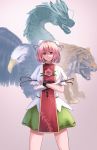  bald_eagle bandaged_arm bandages bird cacao_devil chain cowboy_shot crossed_arms cuffs double_bun dragon eagle eastern_dragon flower gradient gradient_background green_skirt grey_background highres ibaraki_kasen looking_at_viewer pink_flower pink_hair pink_rose puffy_short_sleeves puffy_sleeves red_eyes rose shackles shirt short_hair short_sleeves skirt smile solo standing tabard tiger touhou white_shirt 