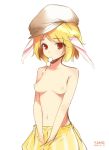  animal_ears artist_name bare_shoulders blonde_hair breasts bunny_ears collarbone dango dated eyebrows_visible_through_hair floppy_ears food food_in_mouth hands_together hat highres ke-ta_(style) looking_at_viewer medium_breasts moon_rabbit navel nipples no_bra perky_breasts red_eyes ringo_(touhou) short_hair simple_background solo topless touhou wagashi white_background yang_(yang535815521) 