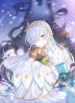 anastasia_(fate/grand_order) bangs blue_eyes blush cape commentary crown doll dress eyebrows_visible_through_hair fate/grand_order fate_(series) hair_over_one_eye hairband highres holding holding_doll jewelry long_hair looking_at_viewer mini_crown royal_robe silver_hair smile snow ubi_(ekdus6080) very_long_hair white_dress 
