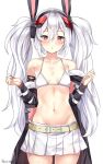  :o animal_ears arm_strap azur_lane bangs bare_shoulders belt black_hairband blush bra breasts buckle bunny_ears collarbone commentary_request eyebrows_visible_through_hair fur-trimmed_jacket fur_trim hair_between_eyes hair_ornament hairband headgear jacket kaetzchen laffey_(azur_lane) long_hair long_sleeves looking_at_viewer miniskirt navel off_shoulder open_mouth pleated_skirt red_eyes red_hairband remodel_(azur_lane) signature silver_hair simple_background skirt small_breasts solo stomach thighhighs thighs twintails underwear very_long_hair white_background white_bra white_legwear 