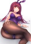  animal_ears bangs breasts brown_hair brown_legwear bunny_ears bunnysuit cleavage eyebrows_visible_through_hair fate/grand_order fate_(series) hair_between_eyes hairband hand_on_hip highres leotard long_hair looking_at_viewer lying medium_breasts nene_(umrhaishixiaomai) on_side pantyhose parted_lips purple_hairband purple_leotard red_eyes scathach_(fate)_(all) scathach_(fate/grand_order) shiny shiny_clothes simple_background solo strapless strapless_leotard thigh_strap very_long_hair white_background wrist_cuffs 