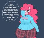  anthro big_breasts blue_eyes breasts clothed clothing earth_pony english_text equine fan_character female friendship_is_magic hair horse hugtastic_pinkie_pie mammal my_little_pony pink_hair pinkie_pie_(mlp) pony solo somescrub text thick_thighs voluptuous wide_hips 