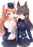  animal_ears azur_lane bangs black_hat black_jacket black_skirt blush bra breasts brown_hair cleavage closed_mouth eyebrows_visible_through_hair feathered_wings gloves hat head_wings heart highres jacket large_breasts light_brown_hair long_hair long_sleeves looking_at_viewer mini_hat mizuki_eiru_(akagi_kurage) multiple_girls myoukou_(azur_lane) nachi_(azur_lane) navel off_shoulder panties peaked_cap pink_bra pink_panties pleated_skirt purple_eyes red_eyes shirt simple_background skirt smile underwear very_long_hair white_background white_gloves white_shirt white_wings wings 