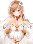  bangs bare_shoulders blonde_hair blush breasts brown_eyes cleavage collarbone commentary_request cosplay detached_collar djeeta_(granblue_fantasy) dress elbow_gloves flower gloves granblue_fantasy hair_flower hair_ornament highres hips knights_of_glory large_breasts looking_at_viewer pauldrons ria_(riarea00) short_hair simple_background smile solo swept_bangs the_glory the_glory_(cosplay) thighs white_background white_dress white_gloves 