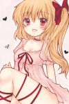  :d absurdres alternate_costume blonde_hair blush breasts choker cleavage commentary dress eyebrows_visible_through_hair feet_out_of_frame flandre_scarlet frilled_choker frilled_sleeves frills hair_ribbon heart highres knee_up looking_at_viewer medium_breasts medium_hair nightgown no_wings open_mouth pink_background pink_dress puffy_short_sleeves puffy_sleeves red_choker red_eyes red_ribbon ria_(pixiv30053072) ribbon short_sleeves side_ponytail simple_background sitting smile solo stomach texture thighs touhou traditional_media 