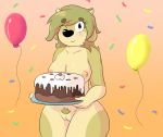  2016 anthro areola balloon black_nose blush bovine breasts bzeh cake cattle confetti female food freckles frosting fur gradient_background green_fur green_hair hair holding_object looking_at_viewer maggie_hudson mammal nipples nude one_eye_closed orange_background pink_background pubes pussy red_eyes simple_background solo standing tan_fur wide_hips 