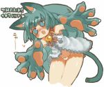  ! &lt;3 5_fingers animal_humanoid bell blue_eyes blue_hair blue_tail cat_humanoid clothed clothing collar feline female front_view gloves hair humanoid inner_ear_fluff japanese_text long_hair mammal panties partially_clothed paw_gloves paws ricosye simple_background text underwear white_background 