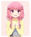  absurdres agung_syaeful_anwar bangs blush braid comic_girls commentary eyebrows_visible_through_hair fang hair_between_eyes hair_ornament hairclip hands_up highres holding long_hair long_sleeves low_twintails moeta_kaoruko parted_lips pink_hair red_eyes sleeves_past_wrists solo sweater tears twin_braids twintails wavy_mouth x_hair_ornament yellow_sweater 