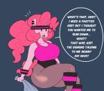 anthro armband big_breasts breasts clothed clothing ear_piercing earth_pony english_text equine fan_character female friendship_is_magic hair headband horse hugtastic_pinkie_pie mammal my_little_pony noseless piercing pink_hair pinkie_pie_(mlp) pony simple_background sitting solo somescrub speech_bubble text thick_thighs voluptuous wide_hips 