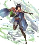  bangs belt black_hair book boots bracelet breasts brown_eyes brown_footwear brown_gloves cape cuboon elbow_gloves eyebrows_visible_through_hair fire_emblem fire_emblem:_thracia_776 fire_emblem_heroes full_body gloves highres holding jewelry leaf lightning looking_away magic medium_breasts necklace official_art olwen_(fire_emblem) open_book open_mouth short_hair solo transparent_background wind 