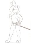  anthro buckteeth clothed clothing denzeltip female fur hair hi_res lagomorph mammal melee_weapon monochrome rabbit rapier sabre_(weapon) solo standing sword teeth weapon 