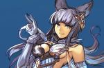  animal_ears bangs blue_background blue_eyes blunt_bangs closed_mouth commentary elbow_gloves erune gloves granblue_fantasy hand_up hankuri headgear holding korwa long_hair looking_at_viewer quill simple_background smile solo upper_body 