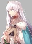  anastasia_(fate/grand_order) bangs blue_eyes cape commentary_request crown doll dress eyebrows_visible_through_hair fate/grand_order fate_(series) from_side grey_background hair_between_eyes hairband holding holding_doll jewelry long_hair minamina mini_crown royal_robe silver_hair simple_background solo standing very_long_hair 