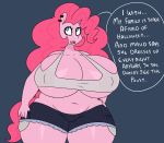  anthro big_breasts blue_eyes breasts cleavage clothed clothing ear_piercing earth_pony english_text equine fan_character female friendship_is_magic hair horse huge_breasts hugtastic_pinkie_pie mammal my_little_pony navel piercing pink_hair pinkie_pie_(mlp) pony simple_background slightly_chubby somescrub speech_bubble text thick_thighs voluptuous wide_hips 