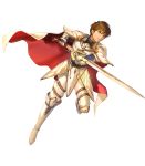  aoji_(aoji-web) armor bangs boots brown_eyes brown_hair cape closed_mouth eyebrows_visible_through_hair faulds fingerless_gloves fire_emblem fire_emblem:_thracia_776 fire_emblem_heroes full_body gauntlets gloves highres holding holding_sword holding_weapon knee_boots leaf_(fire_emblem) leg_up looking_away male_focus official_art pants short_hair shoulder_armor solo sword transparent_background weapon white_footwear 