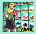  arms_(game) black_dress blonde_hair blue_eyes bow commentary_request dress from_behind green_hair hair_bow hair_down hand_on_hip highres ishikawa_masaaki long_hair multicolored_hair official_art pointing ribbon_girl_(arms) smile solo two-tone_hair 