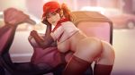  1girl adapted_costume anus areolae ass baseball_cap bent_over blurry bottomless breasts brown_hair depth_of_field elbow_gloves employee_uniform fingerless_gloves firolian gloves hat highres large_breasts league_of_legends lips looking_at_viewer moped nipples pizza_delivery_sivir ponytail pussy pussy_juice shirt_lift short_sleeves sivir thighhighs uncensored uniform watermark 