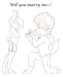  ambiguous_gender anthro canine clothed clothing denzeltip duo english_text hi_res kneeling lagomorph male mammal monochrome proposal rabbit smile standing text 