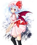  bat_wings black_legwear blue_hair commentary dress fang junior27016 looking_at_viewer pointy_ears red_eyes remilia_scarlet short_hair thighhighs touhou white_background white_dress wings 