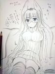  blush breasts commentary_request dress glasses head_wings heidimarie_w_schnaufer large_breasts long_hair mishiro_shinza monochrome panties solo strike_witches sweater sweater_dress thighhighs translation_request underwear world_witches_series 