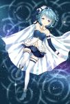  bangs bare_shoulders belly_peek belt blue_eyes blue_hair blue_skirt boots cape character_name concentric_circles dated detached_sleeves fortissimo fortissimo_hair_ornament frilled_shirt frills from_above gloves hair_ornament hairclip hand_up highres jiinyo_(awamoe1207) light_smile looking_at_viewer lying magical_girl mahou_shoujo_madoka_magica messy_hair miki_sayaka on_back parted_lips pleated_skirt reflecting_pool shirt short_hair skirt solo soul_gem star starry_background thigh_strap thighhighs white_cape white_gloves white_legwear zettai_ryouiki 