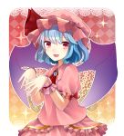  bat_wings blue_hair bracelet commentary_request dress fang fangs jewelry looking_at_viewer open_mouth puffy_short_sleeves puffy_sleeves red_eyes remilia_scarlet sakipsakip short_hair short_sleeves smile touhou white_dress wings 