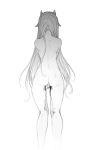  ass back between_legs blood blood_stain commentary english_commentary facing_away fingernails from_behind greyscale hand_between_legs horns liche_(wiggly_liche) long_hair menstruation monochrome nude original pointy_ears solo very_long_hair 