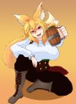  absurdres alcohol animal_ears beer beer_mug blonde_hair blush boots breasts commentary_request cup fang fox_ears fox_girl fox_tail full_body highres holding holding_cup huge_breasts looking_at_viewer mug open_mouth original red_eyes riff_(shiruhiya) shiruhiya smile solo tail 
