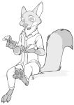  2018 3_toes 4_fingers absurd_res anthro canine claws clothed clothing digital_drawing_(artwork) digital_media_(artwork) dipstick_ears dipstick_tail disney fox fur gloves_(marking) greyscale half-closed_eyes hi_res holding_money holding_object male mammal markings money monochrome multicolored_tail necktie nick_wilde open_mouth open_smile secoh2000 signature simple_background sitting smile toe_claws toes white_background zootopia 