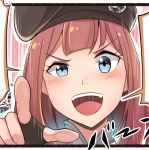  :d ark_royal_(kantai_collection) beret black_gloves black_hat blue_eyes commentary_request fingerless_gloves gloves hat ido_(teketeke) kantai_collection lowres open_mouth red_hair short_hair smile solo speech_bubble teeth v-shaped_eyebrows 