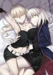  ahoge artoria_pendragon_(all) ass bed_sheet belt belt_buckle besmiled black_camisole black_dress black_shorts blonde_hair blue_jacket breasts buckle camisole commentary_request dress fate/apocrypha fate/grand_order fate/stay_night fate_(series) fur-trimmed_jacket fur-trimmed_sleeves fur_trim highres jacket jeanne_d'arc_(alter)_(fate) jeanne_d'arc_(fate)_(all) large_breasts long_hair long_sleeves lying medium_breasts midriff multiple_girls navel on_back on_side open_clothes open_jacket pale_skin pillow saber_alter short_shorts shorts silver_hair very_long_hair white_belt wicked_dragon_witch_ver._shinjuku_1999 yellow_eyes 