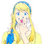  :o bangs blonde_hair blue_eyes blue_nails braid earrings eyebrows_visible_through_hair eyelashes fingernails fullmetal_alchemist gasp hanayama_(inunekokawaii) hand_on_own_face jewelry long_hair long_sleeves looking_at_viewer nail_polish open_mouth parody ring shirt simple_background solo style_parody suzuki_ken'ya_(style) upper_body wedding_band white_background winry_rockbell yellow_shirt 