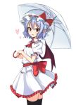  bat_wings blue_hair bracelet commentary dress jewelry junior27016 looking_at_viewer pointy_ears red_eyes remilia_scarlet short_hair simple_background smile solo thighhighs touhou umbrella white_background white_dress white_umbrella wings 