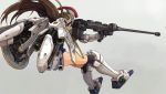  brown_hair commentary_request fingerless_gloves from_behind gloves gun gundam gundam_wing helmet ikadai_bakuhatsu long_hair mecha_musume rifle shield solo tallgeese thrusters weapon 