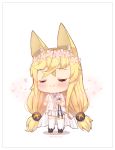  animal_ears babydoll bangs bare_arms bare_shoulders blonde_hair blue_footwear blush cat_ears chibi closed_eyes closed_mouth commentary eyebrows_visible_through_hair facing_viewer flower foreign_blue g41_(girls_frontline) girls_frontline hair_flower hair_ornament hands_up korean_commentary long_hair low-tied_long_hair low_twintails navel petals pink_flower pleated_skirt shoes skirt solo standing thighhighs twintails twitter_username very_long_hair white_background white_legwear white_skirt 