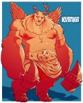  balls belt border clothed clothing dogfu facial_hair feathered_wings feathers flaccid goatee hammer hi_res horn humanoid ineffective_clothing long_ears looking_at_viewer male monster penis simple_background solo thick_penis tools topless vein veiny_penis wings wolpertinger 