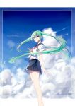  absurdres alternate_costume aqua_eyes aqua_hair arms_at_sides bangs bare_legs bird blue_sailor_collar blue_skirt blue_sky character_name closed_mouth cloud day expressionless eyebrows_visible_through_hair feet_out_of_frame from_side hatsune_miku highres long_hair looking_at_viewer looking_to_the_side miniskirt navel neckerchief outdoors pleated_skirt red_neckwear sailor_collar school_uniform serafuku shiny shiny_hair shirt short_sleeves skirt sky solo tareme twintails very_long_hair vocaloid white_shirt xy_(pixiv8783776) 