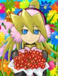  1girl bangs blonde_hair blue_background blue_eyes bouquet ciel_(rockman) flower hair_between_eyes high_ponytail long_hair looking_at_viewer ponytail smile solo ume 