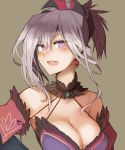  absurdres blush breasts cleavage earrings fate/grand_order fate_(series) highres himuka_(523) jewelry looking_at_viewer medium_breasts miyamoto_musashi_(fate/grand_order) open_mouth ponytail red_earrings simple_background smile 