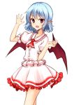  bat_wings blue_hair bracelet commentary dress fang highres jewelry junior27016 looking_at_viewer open_mouth pointy_ears puffy_short_sleeves puffy_sleeves red_eyes remilia_scarlet short_hair short_sleeves simple_background touhou waving_arm white_background white_dress wings 