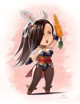  alternate_costume animal_ears arm_up breasts brown_eyes bunny_ears bunnysuit carrot chibi cleavage commentary fake_animal_ears fire_emblem fire_emblem_heroes fire_emblem_if gloves hair_over_one_eye kagerou_(fire_emblem_if) looking_up medium_breasts ochrejelly open_mouth pantyhose serious simple_background solo thigh_gap 