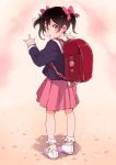  \m/ backpack bag bangs black_hair bobby_socks bow commentary_request crime_prevention_buzzer double_\m/ edanaka_(abcm) from_behind full_body hair_bow long_sleeves looking_at_viewer looking_back love_live! love_live!_school_idol_project petals pink_bow pink_skirt pleated_skirt randoseru red_eyes school_uniform shoes skirt sneakers socks solo standing twintails white_footwear white_legwear yazawa_nico younger 