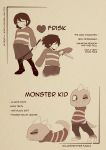  androgynous bandaid bandaid_on_face black_eye boots character_name character_sheet closed_eyes english faceplant frisk_(undertale) heart highres injury knee_boots knife monochrome monster_kid_(undertale) no_arms one_eye_closed polaris_(polarissketches) sepia shirt shorts stick striped striped_shirt sweater tail undertale watermark web_address 
