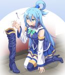  :t aqua_(konosuba) blue_eyes blue_footwear blue_hair boot_removed boots check_commentary commentary commentary_request detached_sleeves hair_rings highres kneeling kono_subarashii_sekai_ni_shukufuku_wo! kyuutou_(kyuutouryuu) long_hair shoe_removed shoes single_boot single_shoe solo thigh_boots thighhighs very_long_hair white_legwear 