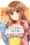  :3 absurdres animal_ears bangs blush breasts cleavage closed_mouth collarbone corset dog_ears eyebrows_visible_through_hair hair_ornament hairband highres idolmaster idolmaster_cinderella_girls kemonomimi_mode large_breasts long_hair long_sleeves looking_at_viewer mismatched_sleeves moroboshi_kirari multicolored multicolored_clothes multicolored_polka_dots outline paopao paw_background polka_dot shiny shiny_hair smile star star_hair_ornament tareme twitter_username two-tone_hairband underbust upper_body wavy_hair white_outline 