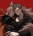  ;) belial_(granblue_fantasy) black_hair brown_eyes brown_hair collarbone dark_persona feather_boa gran_(granblue_fantasy) granblue_fantasy highres kendy_(revolocities) looking_at_viewer male_focus multiple_boys one_eye_closed red_background red_eyes shaded_face simple_background smile tareme upper_body yaoi 