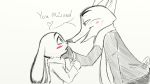  16:9 2016 anthro blush canine clothed clothing dialogue dipstick_ears disney duo english_text eye_contact female fox jacket judy_hopps kiss_mark lagomorph lipstick long_ears looking_at_another makeup male mammal nick_wilde open_mouth open_smile rabbit scarf side_view simple_background sketch smile text trashasaurusrex white_background zootopia 