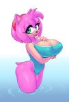  amy_rose anthro big_breasts breasts cleavage clothed clothing digital_media_(artwork) eyelashes eyeliner female green_eyes hair hairband hedgehog huge_breasts lipstick looking_at_viewer makeup mammal nipple_bulge nitro one-piece_swimsuit partially_submerged pink_hair pinup pose short_hair solo sonic_(series) swimsuit water 