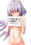  blush breasts commentary_request embarrassed eyebrows_visible_through_hair feathered_wings groin hair_between_eyes hands_up head_tilt highres holding holding_sign kishin_sagume medium_breasts navel nose_blush nude out-of-frame_censoring red_eyes short_hair sign silver_hair simple_background single_wing solo standing sweat sweatdrop tears teoi_(good_chaos) touhou translation_request upper_body wavy_mouth white_background white_wings wings 
