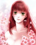  bangs blush breasts closed_mouth collarbone commentary english_commentary floral_background flower green_eyes lips long_hair looking_at_viewer maronee_san medium_breasts nude petals pink_flower primiera_(saga) red_hair saga saga_frontier_2 smile solo upper_body 